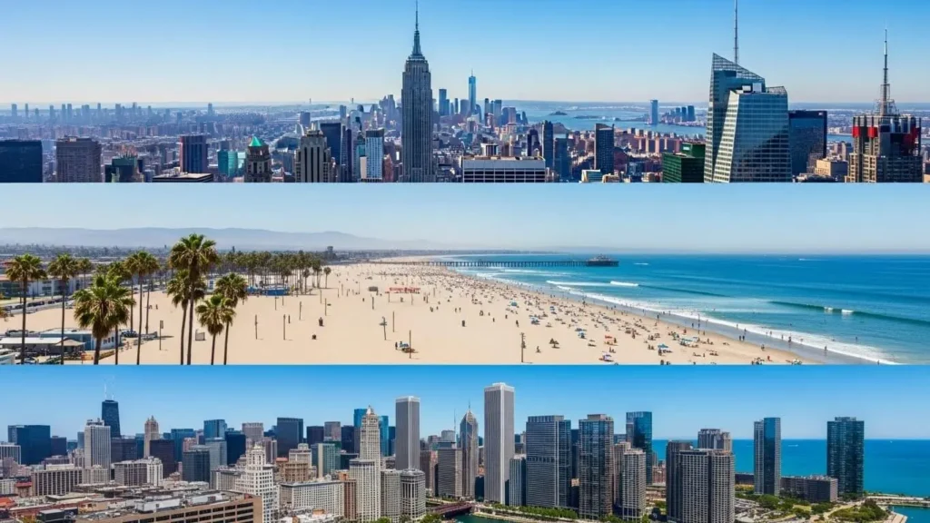 Stunning aerial view of famous US landmarks including New York, Los Angeles, and Chicago – United States Travel Guide.